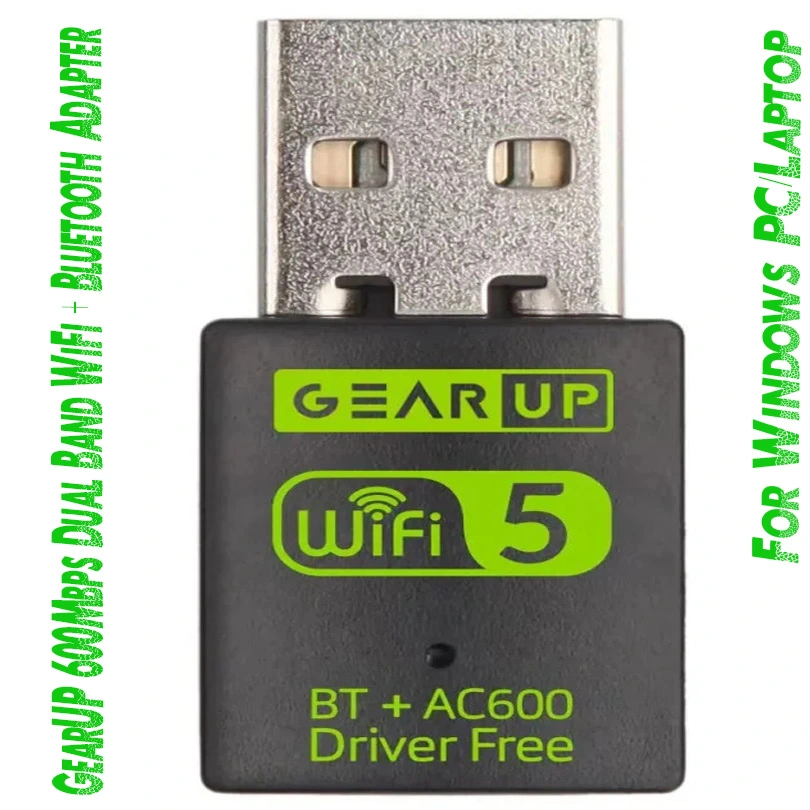 GearUP 600Mbps Dual Band WiFi + Bluetooth Adapter For Windows PCLaptop- (Driver Free Version, WiFi Hotspot Supported, 2.4GHz + 5GHz)